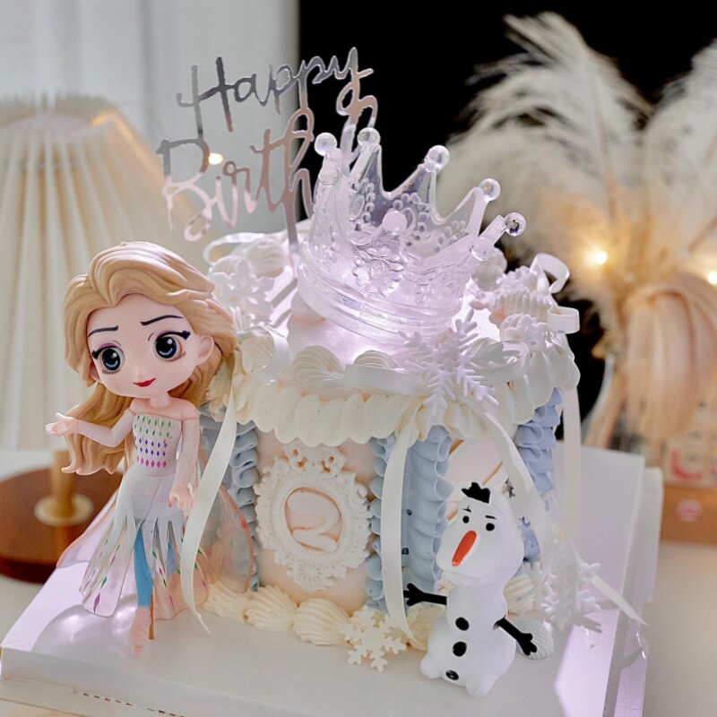 梦幻带灯水晶皇冠蛋糕装饰摆件艾莎公主雪宝女孩生日烘焙甜品装扮