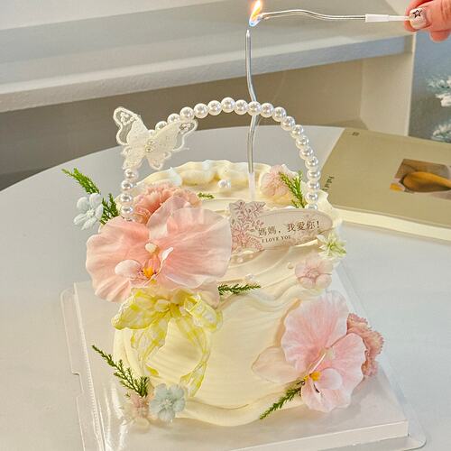 网红母亲节珍珠花篮蛋糕装饰蝴蝶兰康乃馨摆件妈妈我爱你卡片插牌