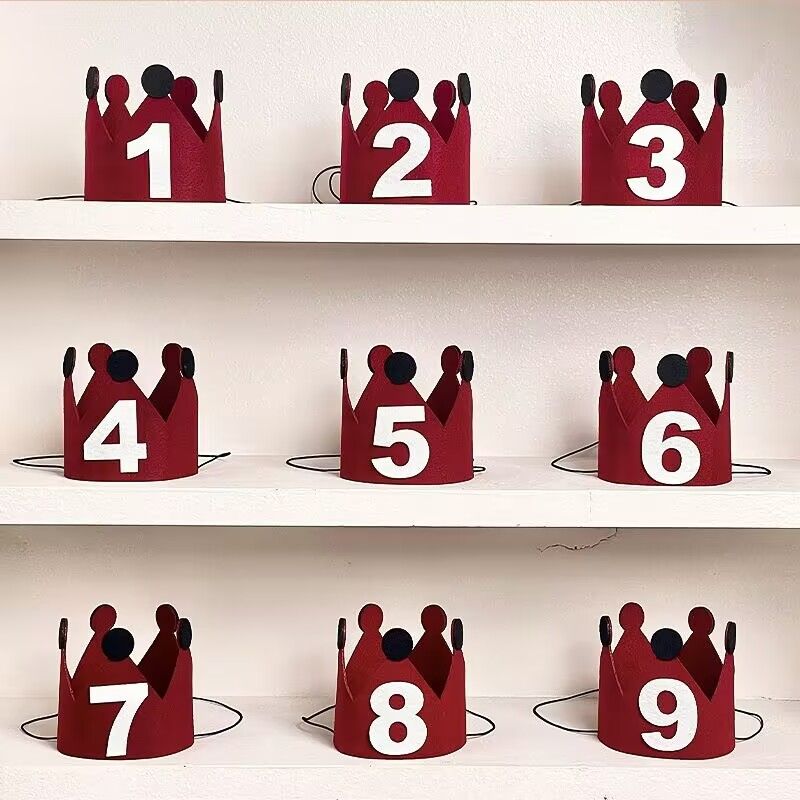 韩国红色皇冠数字帽生日氛围拍照毛毡帽儿童男女孩周岁装饰品道具