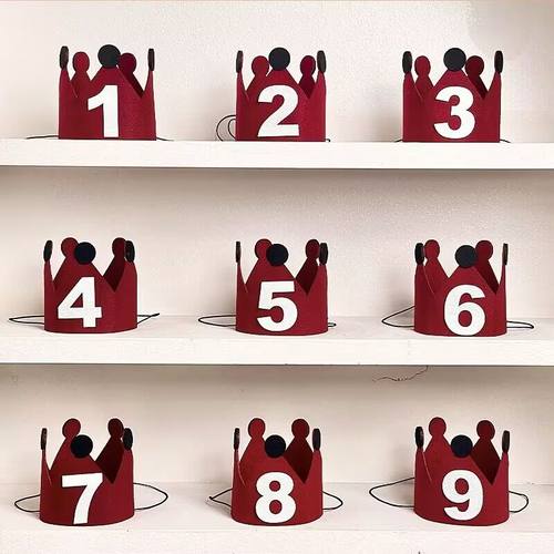 韩国红色皇冠数字帽生日氛围拍照毛毡帽儿童男女孩周岁装饰品道具