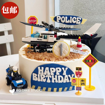 积木直升机蛋糕装饰摆件