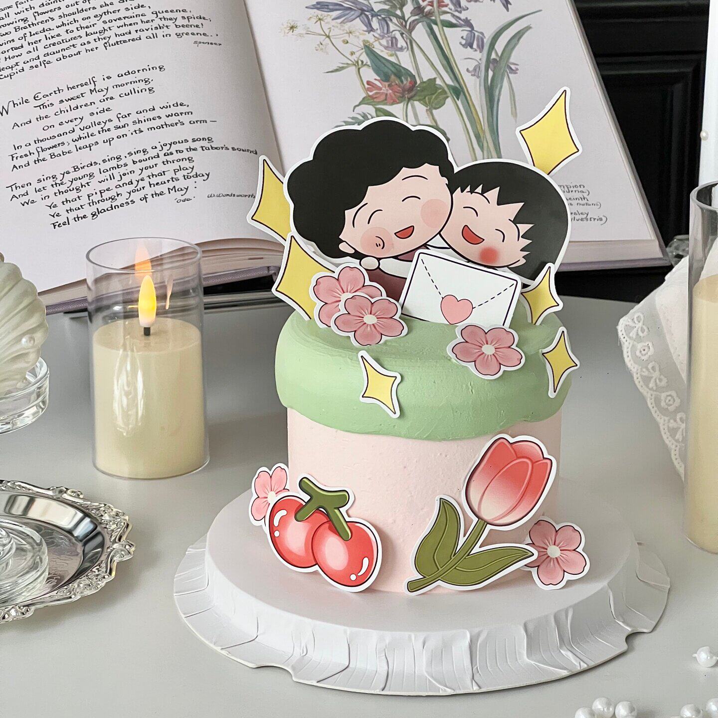 母亲节快乐蛋糕装饰樱桃拥抱妈妈星星花朵卡片插牌节日烘焙插件