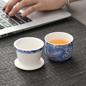 蓝彩飞龙泡茶杯陶瓷带盖过滤主人杯单杯办公室一人饮喝水杯品茗杯