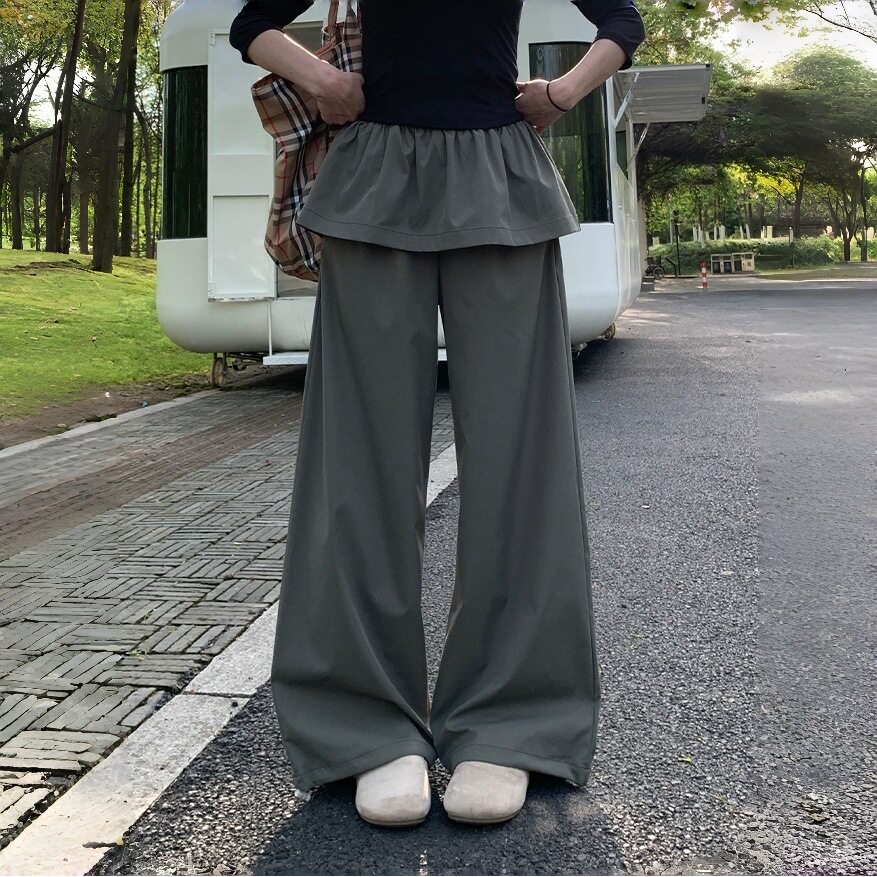 荷叶边屁帘休闲裤女夏季2026新款假两件设计感高腰显瘦直筒长裤子