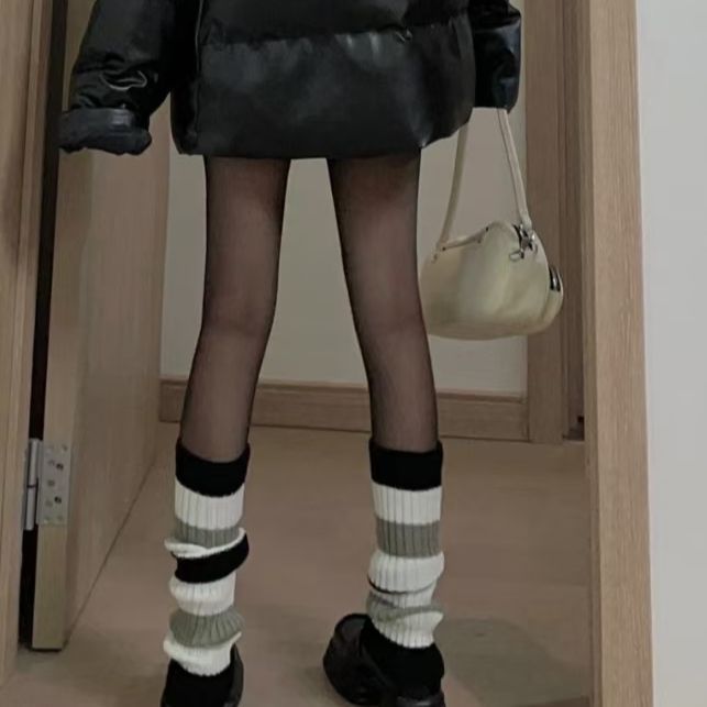 三色条纹黑白灰撞色袜套女拼色堆堆袜小腿针织y2k腿套小皮鞋袜子