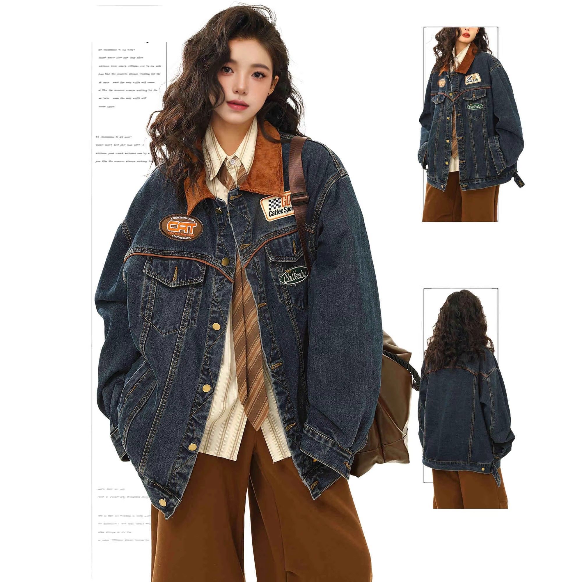 美式复古深蓝色翻领牛仔外套女秋冬新款宽松百搭高级感拼接夹克潮,男装,牛仔外套,淘宝优惠券,粉丝福利购,淘宝优惠卷
