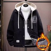 潮流夹克连帽上衣服男装 2026秋冬季 加绒加厚牛仔外套男孩学生新款