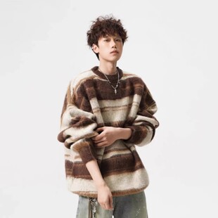 马海毛圆领毛衣男女秋冬休闲撞色条纹针织衫宽松松弛感情侣打底衫