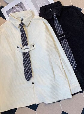 日系学院风dk衬衫男长袖ins潮流灯芯绒领带衬衣内搭春秋学生外套