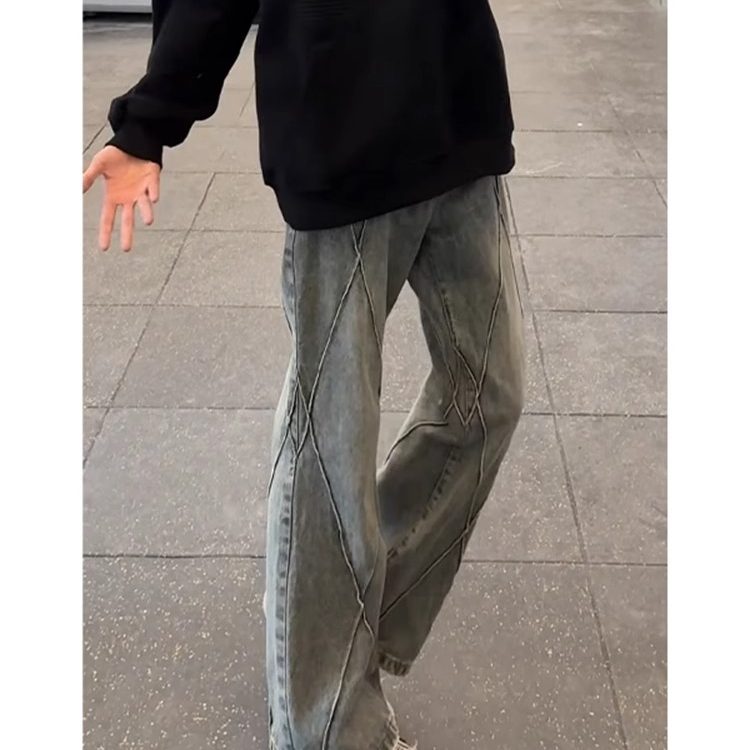 美式复古菱格解构拼接牛仔裤男款
