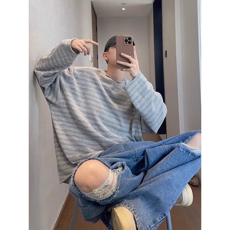 韩系简约撞色条纹长袖体恤男春秋薄款慵懒风cleanfit宽松圆领上衣,男装,T恤,淘宝优惠券,粉丝福利购,淘宝优惠卷