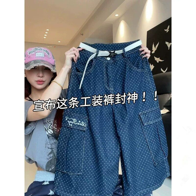 蓝色满印波点牛仔短裤男女夏季美式复古休闲工装风多口袋七分中裤