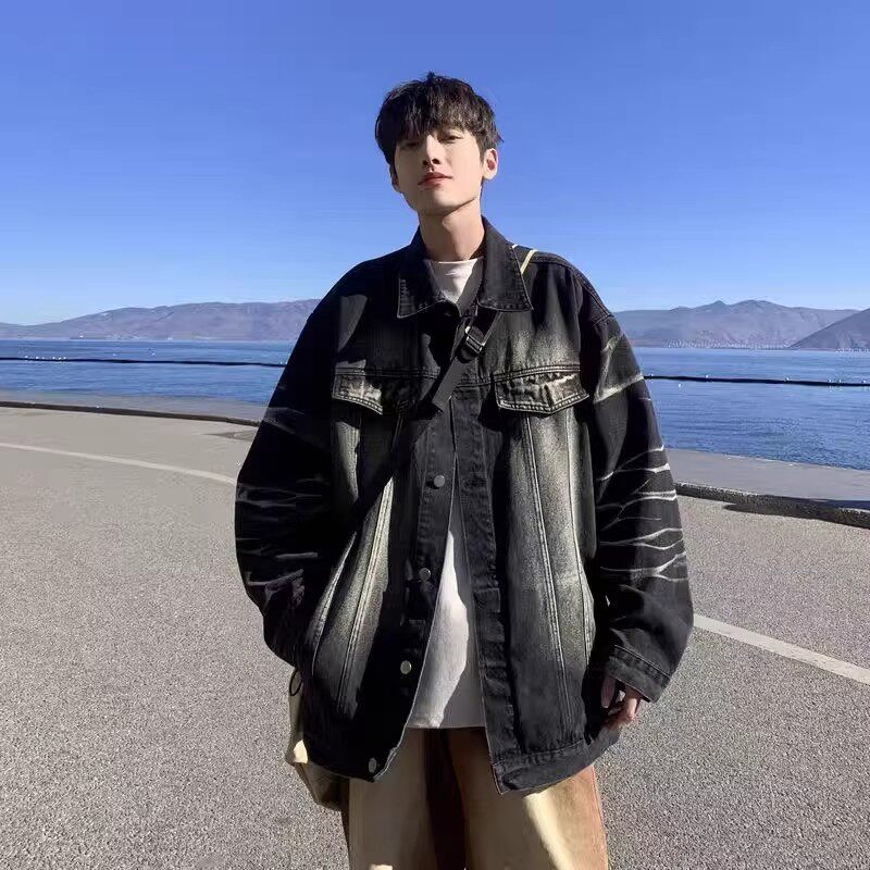 渐变色牛仔外套男春秋季美式工装