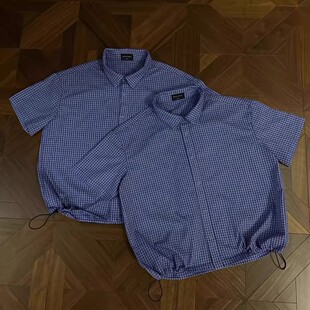 日系复古手工收褶miu系蓝格子短袖衬衫男夏季抽绳设计情侣薄外套