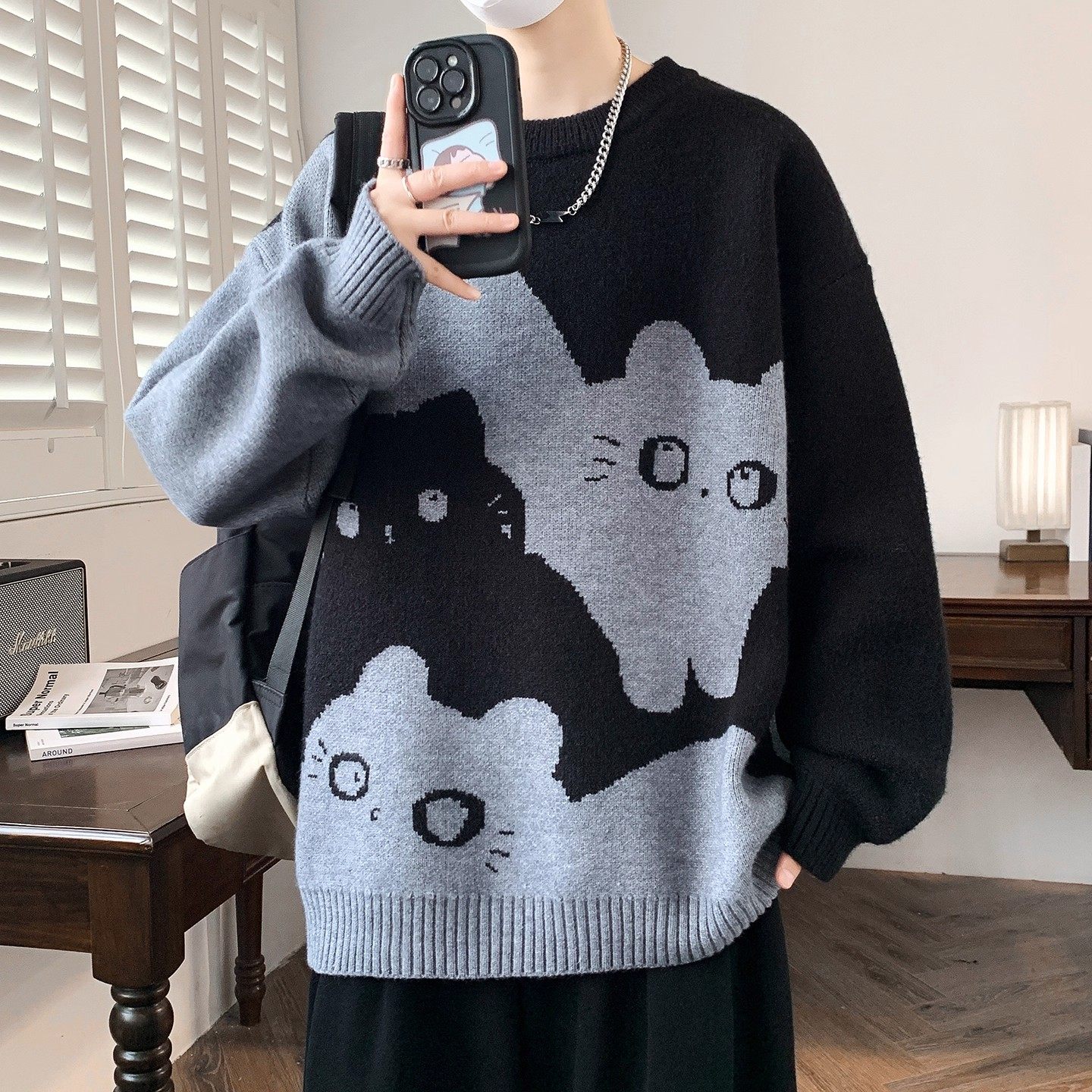 毛衣男秋冬季撞色针织衫男宽松慵懒风卡通猫咪青少年学生保暖上衣,男装,针织衫/毛衣,淘宝优惠券,粉丝福利购,淘宝优惠卷