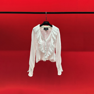 法式 浪里寻花 浪漫层叠荷叶边粼光白绸V领设计感衬衫 L.K.BABY