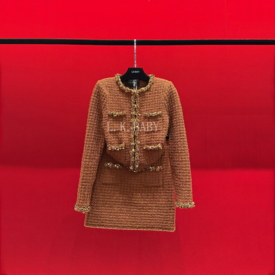 【L.K BABY】咖糖CoCo 法式高级感琥珀鎏金粗花呢暖棕套装裙