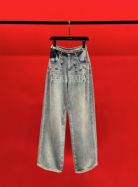 【L.K.BABY】 玉滴天使   时髦up设计雨滴水钻花瓣阔腿牛仔裤