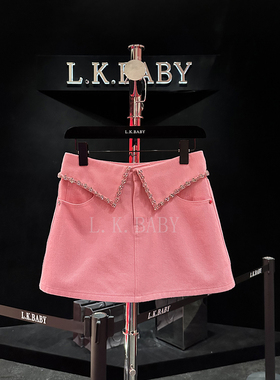 【L.K.BABY】心动水蜜桃  时髦辣妹轻奢粉钻翻边牛仔半身裙
