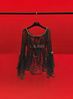 【L.K.BABY】锁骨精灵 性感V领镶钻蝴蝶结透视蕾丝显瘦喇叭袖上衣