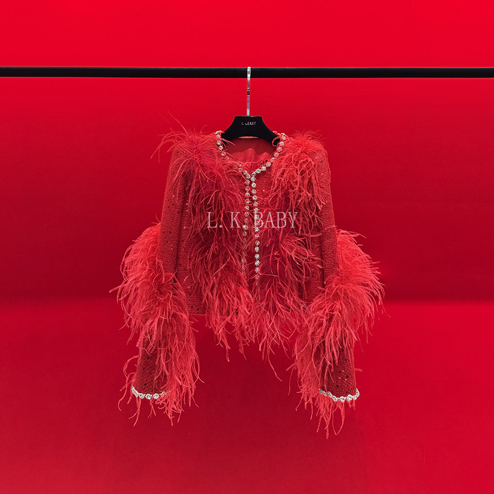 【L.K.BABY】  气质轻奢「焰红羽翼」重工镶钻亮片毛毛外套3325,女装/女士精品,短外套,淘宝优惠券,粉丝福利购,淘宝优惠卷