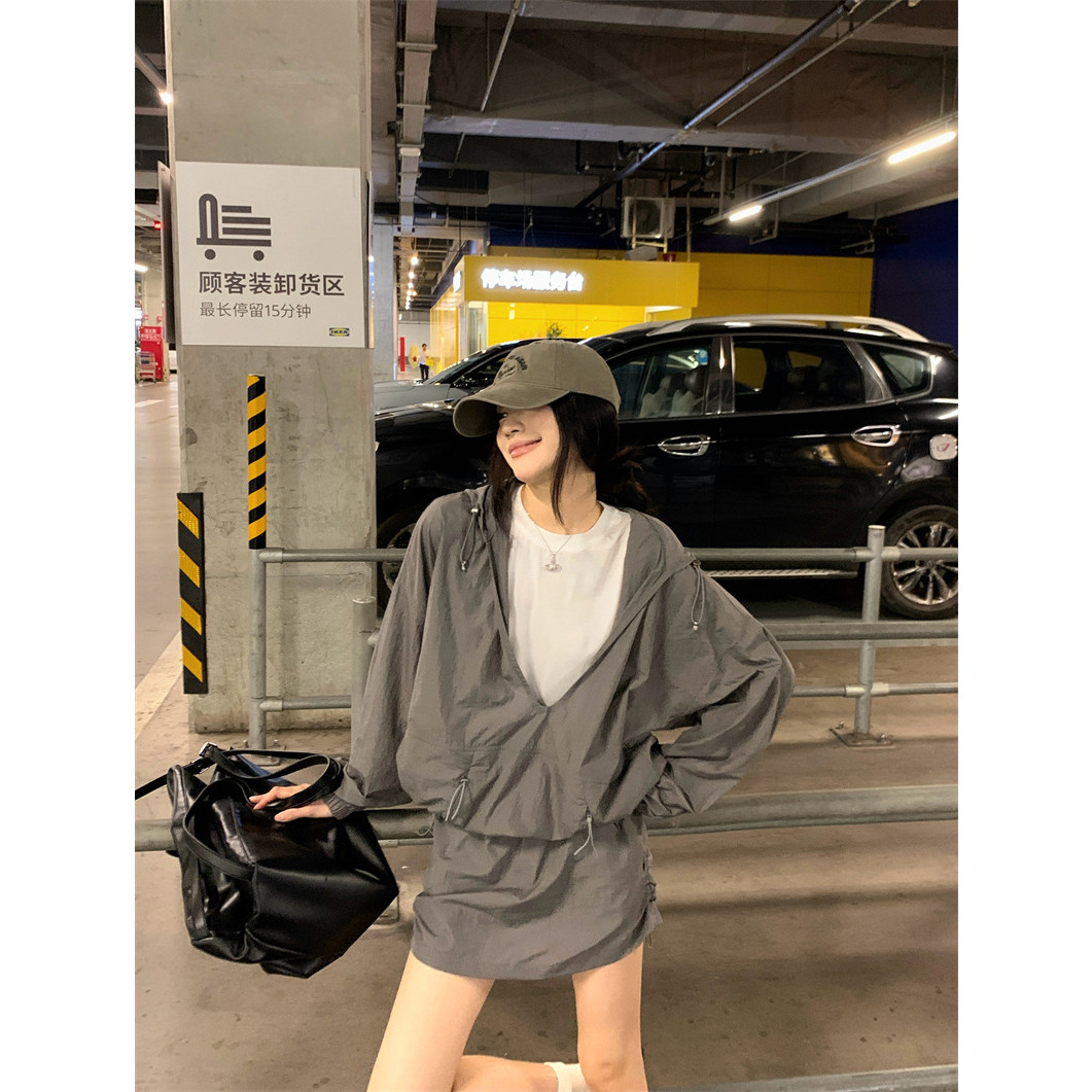 休闲套装慵懒风假两件防晒长袖外套女装夏季高腰半身裙短裙两件套
