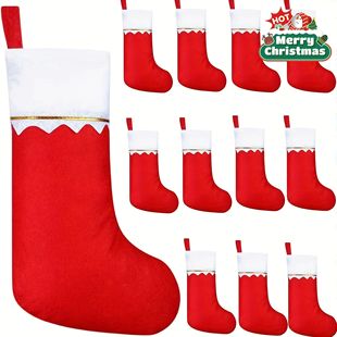 12 festive red Christmas stockings with Santa Claus and rein