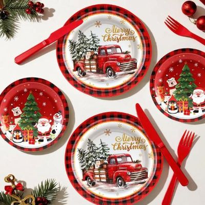 80pcs Disposable Christmas Plates Set Paper Dinner Plates De