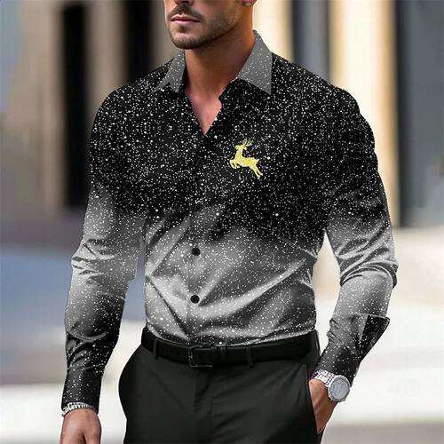 Christmas Men's Christmas Deer Printed Shirt Casual Lapel Bu
