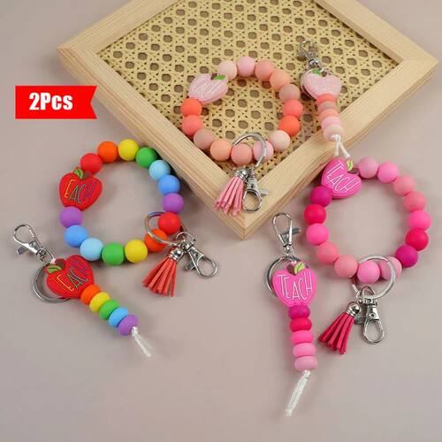 2PcsSet -Hands-Free Teacher Keychain Silicone Bead Wristlets