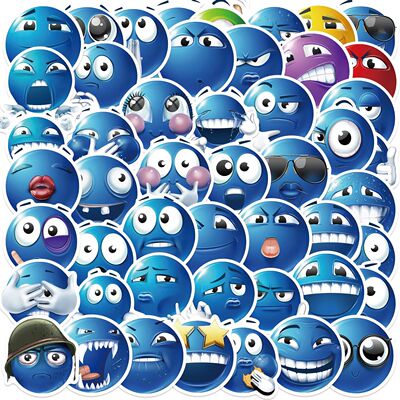 50PCS Blue Bean Expression Stickers Funny Smile Face Express