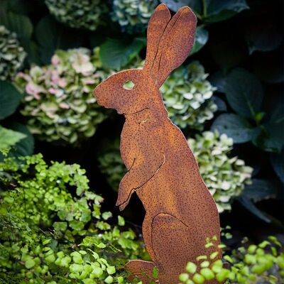 Rustic Metal Rabbit Garden Stake - Rusty Bunny Silhouette Ou