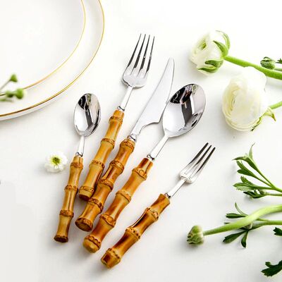 8/16/24pcs Creative Bamboo Cutlery Sets 304 Stainless Steel