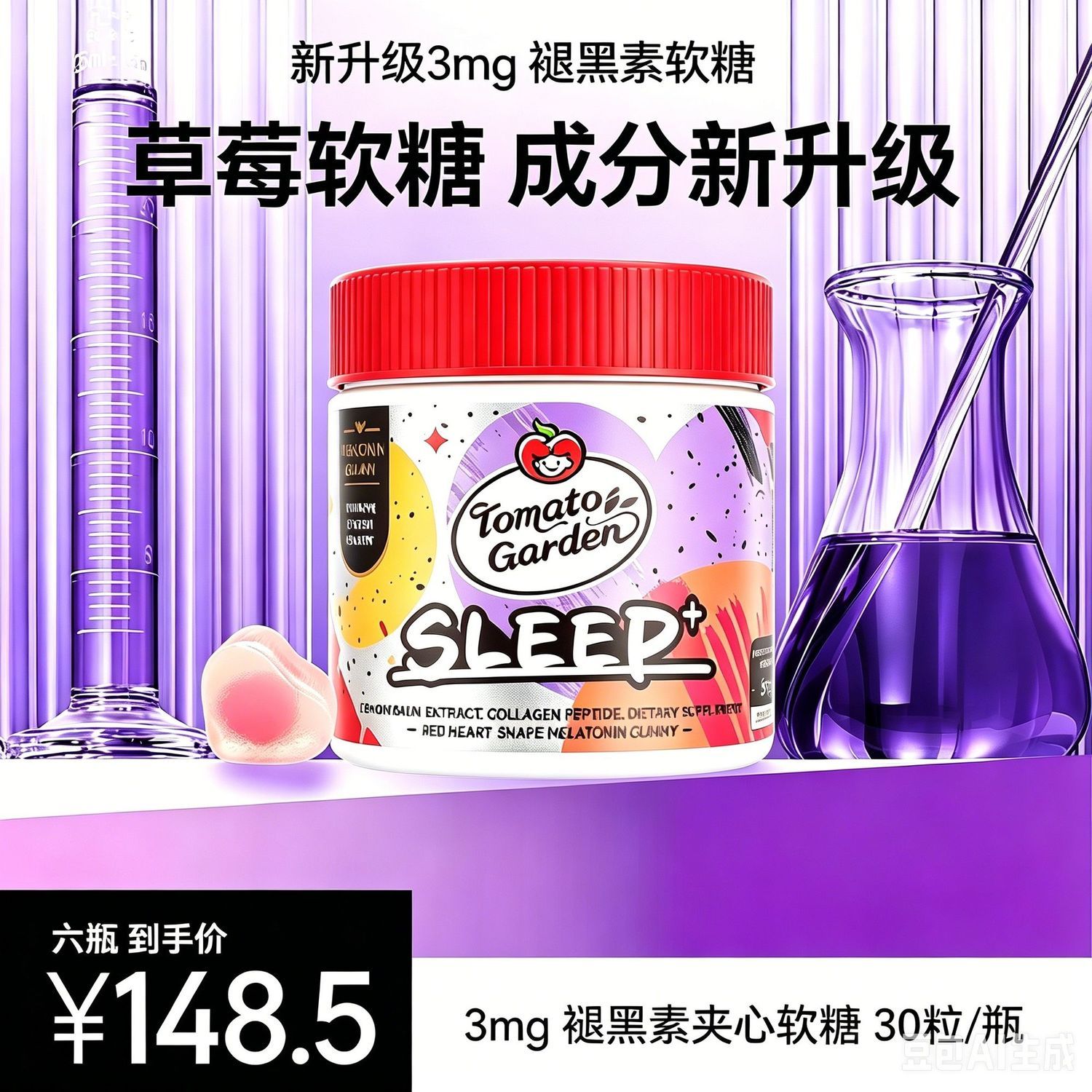 【六瓶装】番茄花园褪黑素3mg软糖成人男女胶原蛋白糖30粒/瓶