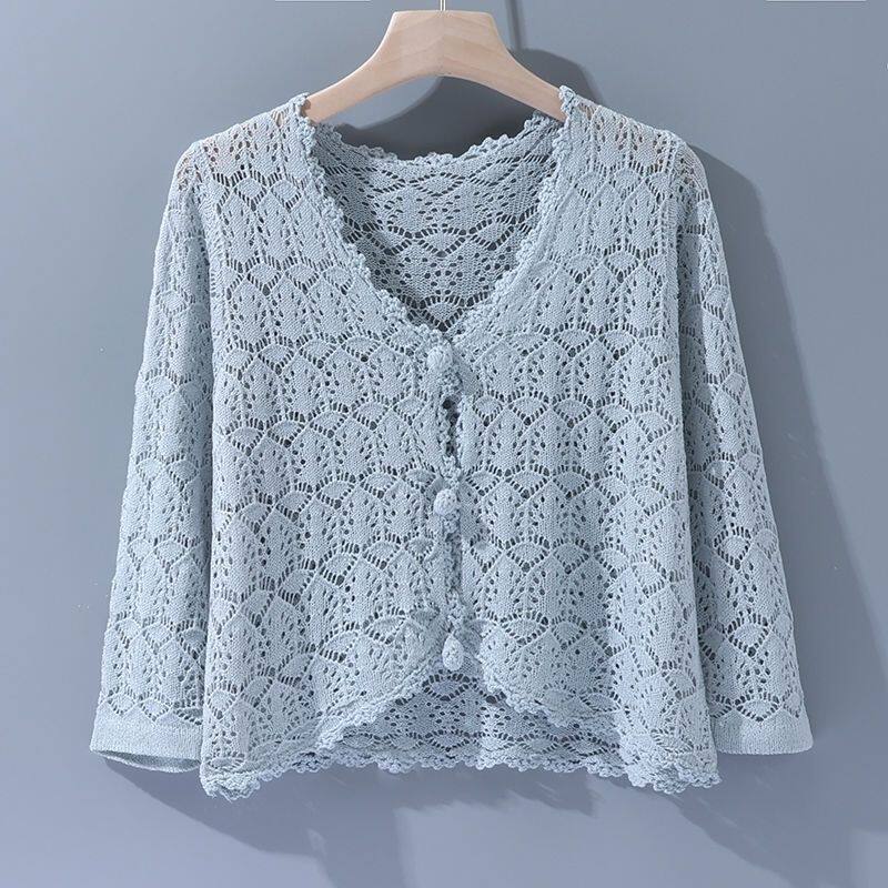 时尚七分袖披肩外搭防晒衫夏季薄款女镂空冰丝针织开衫空调衫上衣