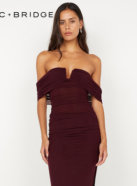 BECBRIDGE POPPY 落肩修身褶皱开衩优雅长款连衣裙 S25-13032