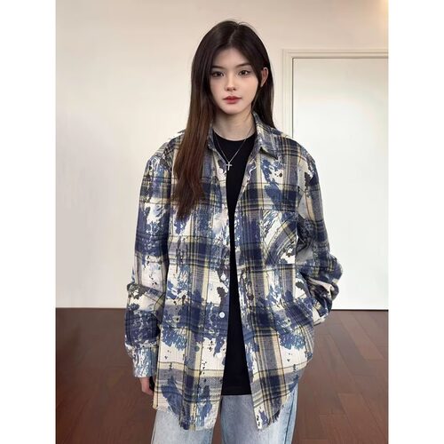 WH先生小众设计水墨晕染格纹开衫外套毛边格子衬衫潮流宽松男女