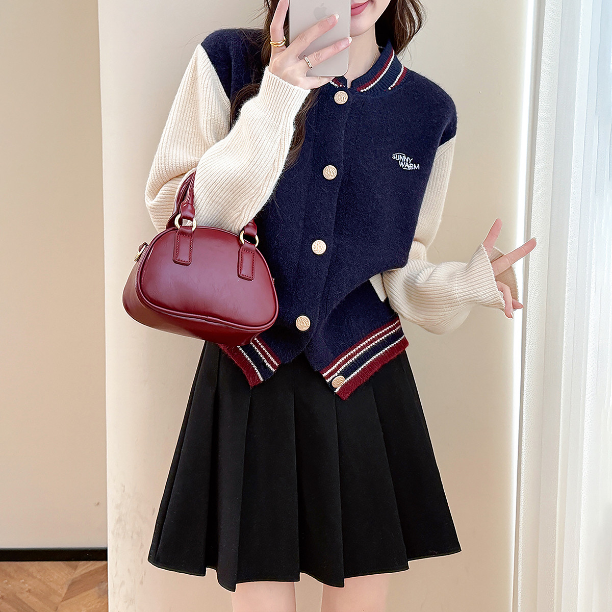 唐狮秋冬季女毛衣休闲运动风棒球衫开衫外套宽松日常设计tu