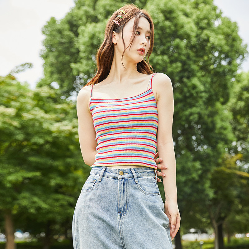 唐狮夏季女背心吊带美背外穿彩色多巴胺针织无袖修身圆领上衣内搭