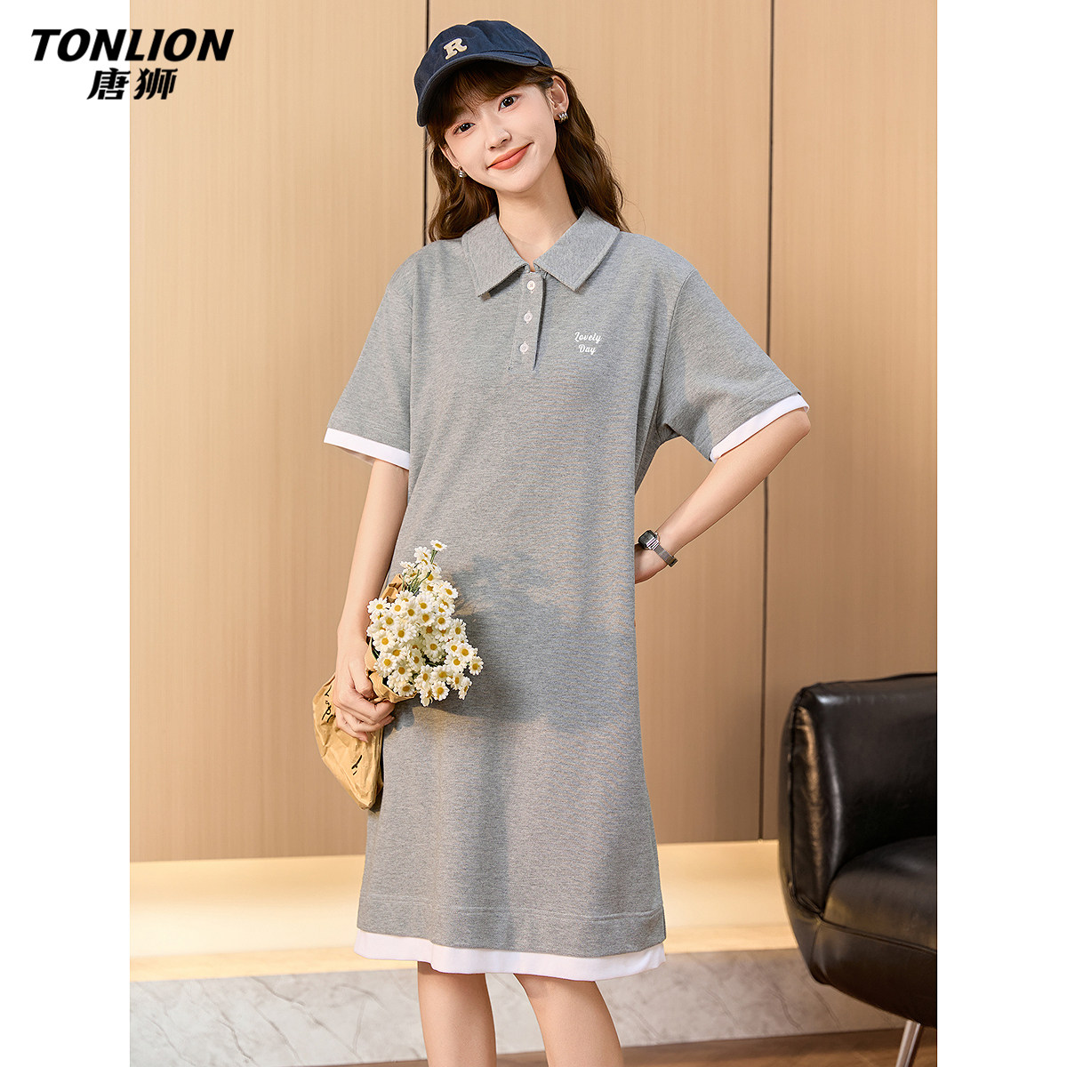 唐狮春夏季新款连衣裙女休闲Polo领设计感拼接短袖T恤裙百搭裙