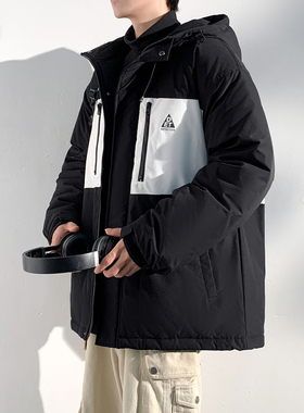 唐狮冬季新款棉衣男款连帽潮流撞色拼接棉服黑色保暖防寒外套TD