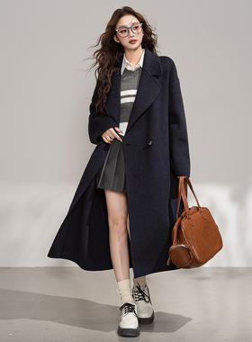 唐狮秋冬季女休闲风呢大衣外套时尚百搭长款大衣圆领拼接设计感tu