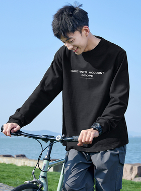 唐狮春季款长袖T恤男装简约字母圆领上衣休闲宽松内搭打底衫潮tTD