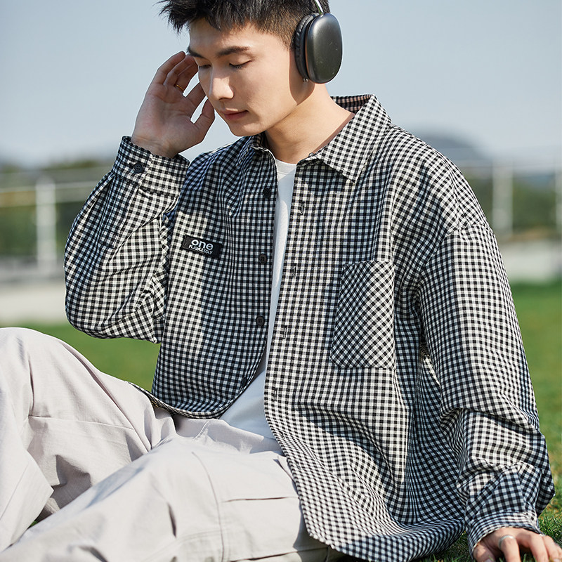 唐狮格子衬衫男春秋季新款复古黑白格纹外套休闲百搭港风衬衫潮