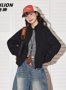 唐狮官方短款外套女2026新款春立领卫衣开衫星空棉宽松黑色上衣VC