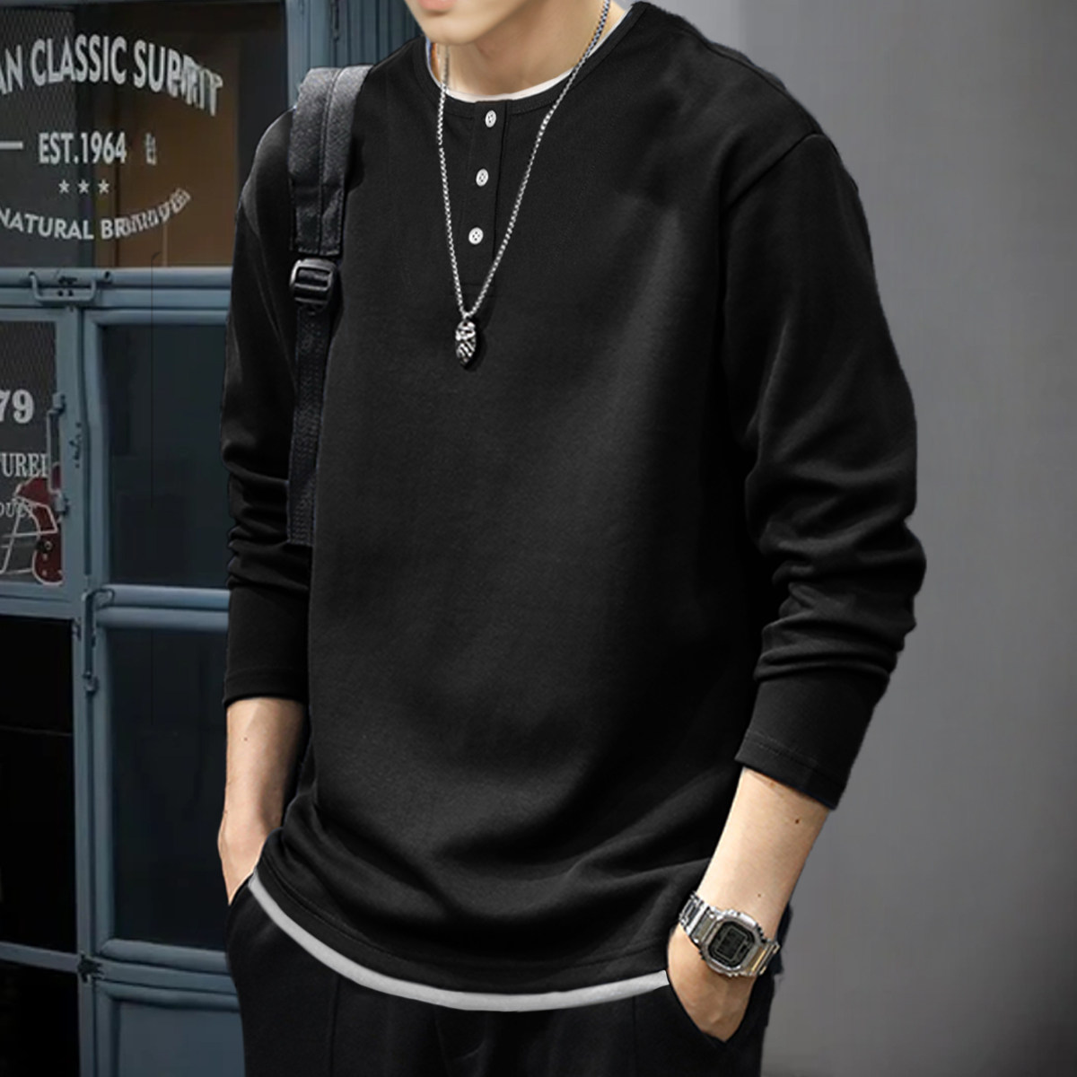 唐狮春秋新款男士圆领长袖t恤净色黑色潮流时尚百搭韩系宽松TMTA