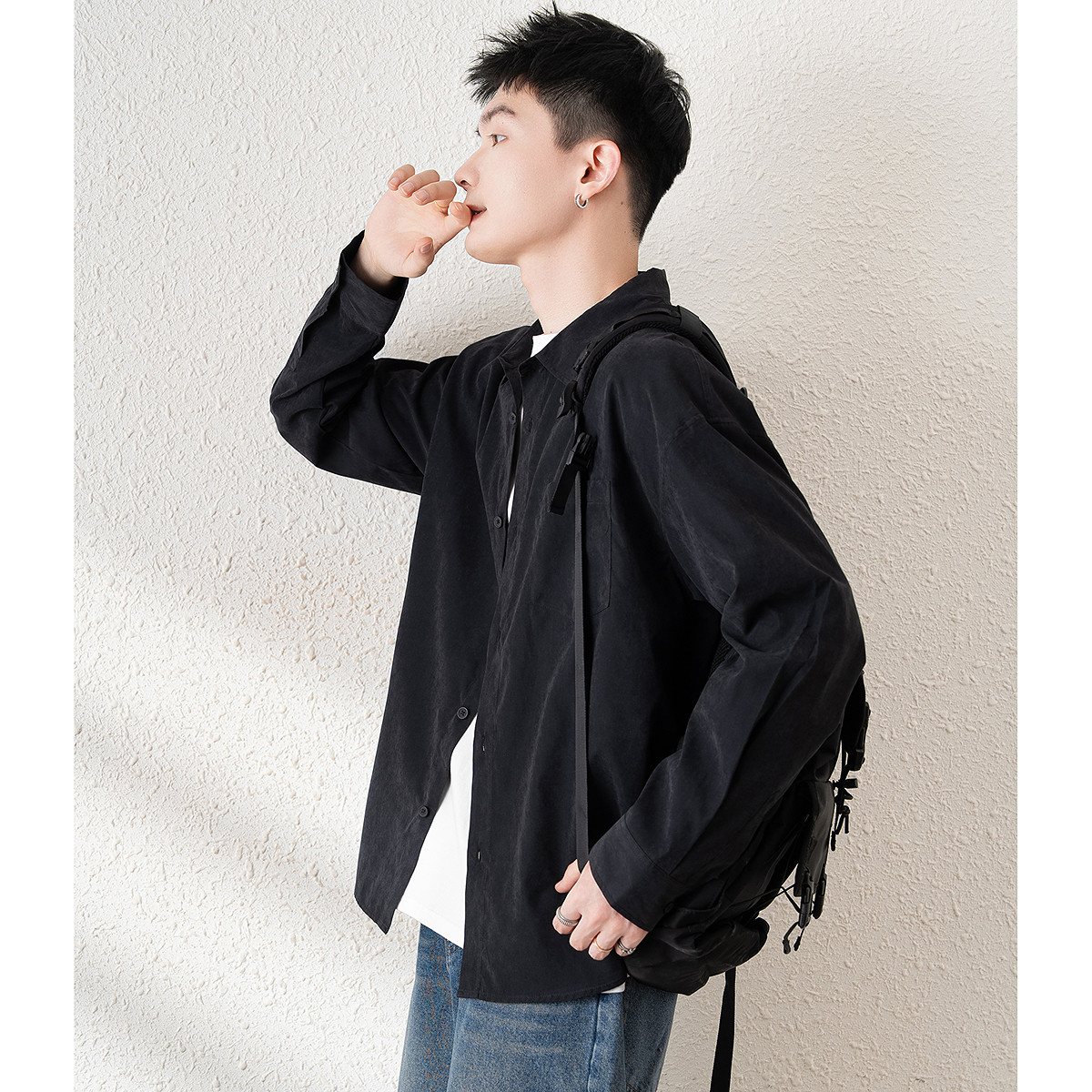 唐狮春季纯色桃皮绒开衫男长袖港风日系宽松薄款内搭灰色上衣TM