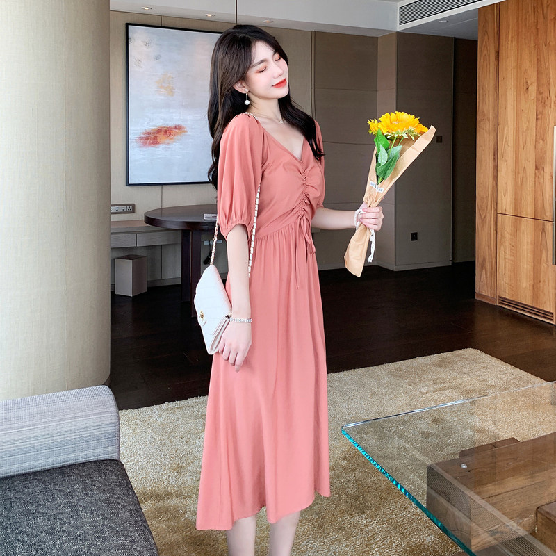 唐狮高级感V领气质裙子可抽绳收腰长裙泡泡袖连衣裙夏女新款