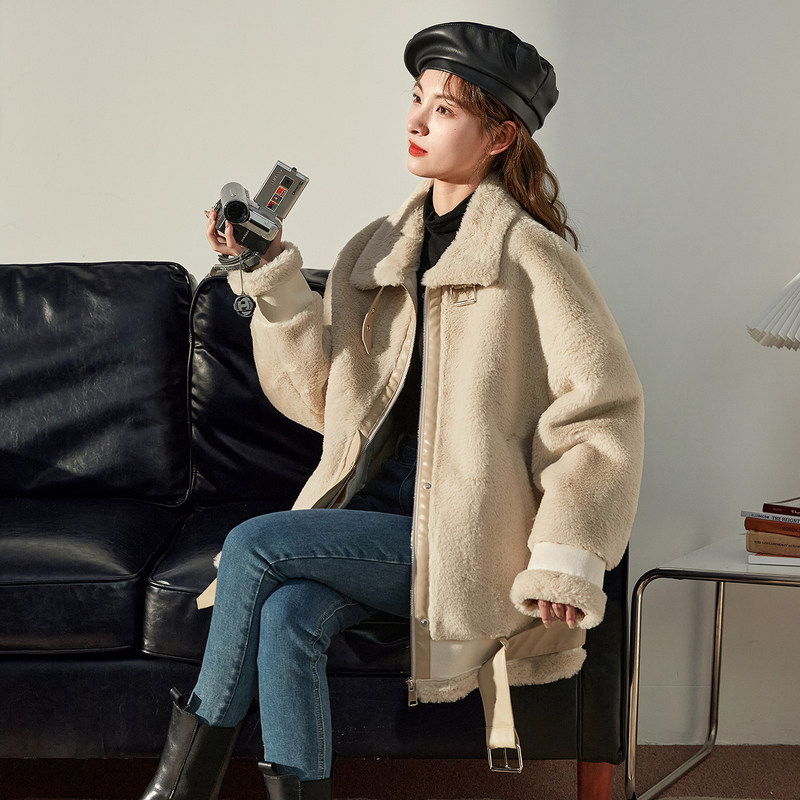 唐狮秋冬机车服短外套女装仿兔毛百搭夹克加厚仿皮草毛毛上