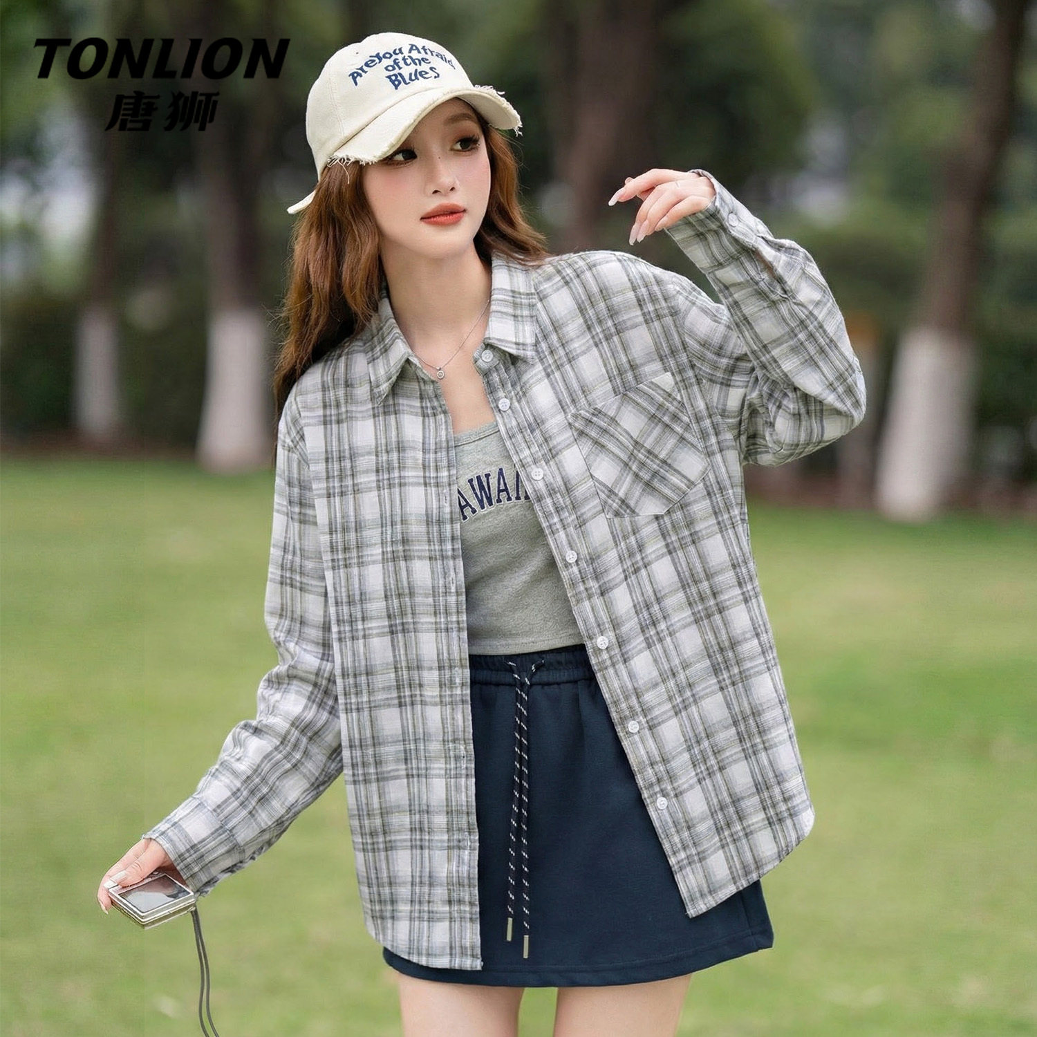 唐狮官方长袖格子衬衫女2026新款春秋款女士韩系慵懒风外套上衣V